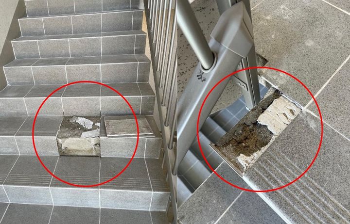 [서울=뉴시스] 또 계단 곳곳에는 파손된 타일들도 발견됐다(사진= 보배드림 갈무리) *재판매 및 DB 금지