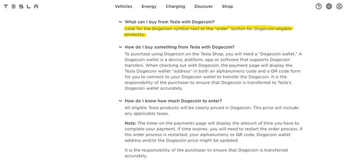 [서울=뉴시스] 테슬라 공식 홈페이지에 도지코인으로 구입할 수 있는 테슬라 상품 등에 대한 내용이 게재돼 있다. (사진=테슬라 공식 홈페이지 캡처) 2024.05.07 *재판매 및 DB 금지
