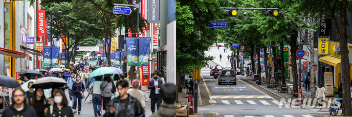 [서울=뉴시스] 정병혁 기자 = 2022년 초 명동의 소규모 상가 공실률은 42.1%에 달했으나, 올해 1분기에는 외국인 관광 수요의 회복으로 공실률이 1.8%까지 급감했다. 서울 시내 주요 대학 상권인 이대·신촌은 경우 올 초 공실률이 18.3%까지 치솟았다. 이는 2023년 2분기의 9.0%에서 거의 2배 증가한 수치로 소규모 상가 다섯 곳 중 하나가 비어 있다는 의미다. 사진은 지난 5월7일 북적이는 서울 중구 명동(왼쪽)과 한산한 모습을 보이는 서울 서대문구 이화여대길(오른쪽). 2024.05.07. jhope@newsis.com