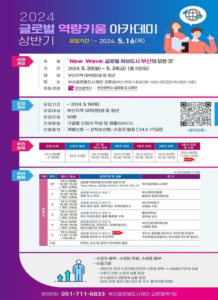 [부산=뉴시스] 부산시와 부산글로벌도시재단은 오는 16일까지 '2024 글로벌 역량키움 아카데미'의 참가자를 모집한다. (사진=부산시 제공) 2024.05.09. photo@newsis.com *재판매 및 DB 금지