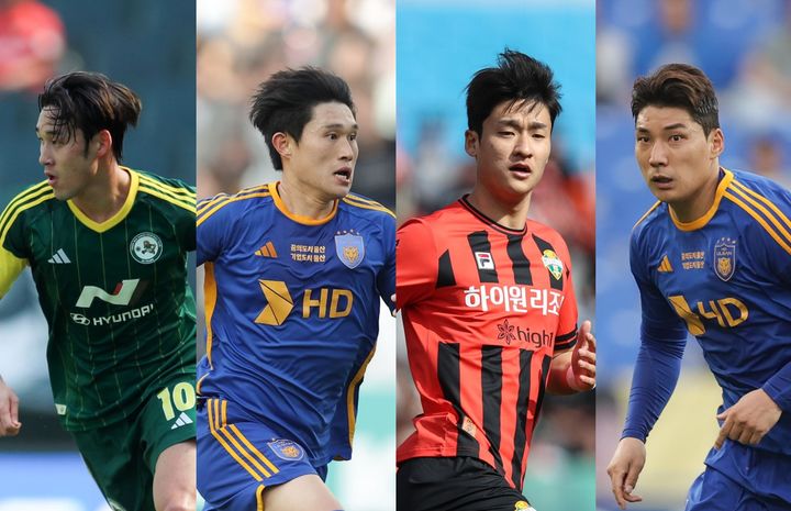 [서울=뉴시스] ‘EA SPORTS K리그 이달의선수상’ 4월 후보. 왼쪽부터 송민규(전북)-이동경(울산)-이상헌(강원)-주민규(울산). (사진=한국프로축구연맹 제공) *재판매 및 DB 금지 *재판매 및 DB 금지