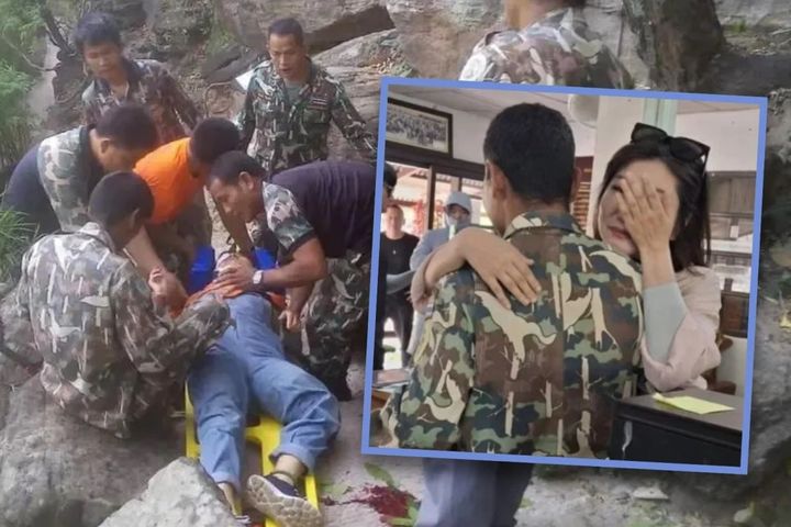 사진은 태국에서 34m 높이 절벽에서 떨어진 왕씨(가명)를 구조대원들이 구조하고 있는 모습(왼쪽)과 5년 뒤 왕씨가 구조대원을 만나 포옹하는 모습 (출처=사우스차이나모닝포스트) *재판매 및 DB 금지