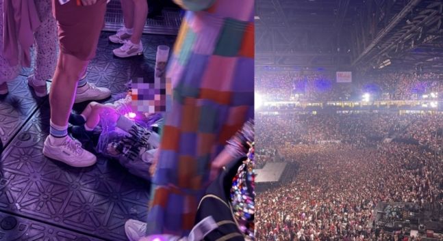 [서울=뉴시스] 테일러 스위프트 공연장에 한 아이가 바닥에 누워있다. (사진=X 갈무리) *재판매 및 DB 금지