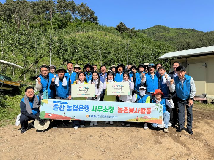 [울산=뉴시스] NH농협은행 울산본부(본부장 이영우)는 14일 소속 사무소장 29명과 농협은행 대학생봉사단 N돌핀 6명(울산대학교)이 참여한 가운데 울주군 상북면 과수농가를 찾아 봉사활동을 했다고 밝혔다. 2024.05.14. (사진= 울산농협 제공)photo@newsis.com *재판매 및 DB 금지