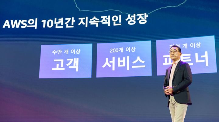 16일 서울 코엑스에서 열린 'AWS 서밋 서울 2024'의 기조연설자로 무대에 선 함기호 AWS코리아 대표이사. (사진=AWS코리아 제공)  *재판매 및 DB 금지