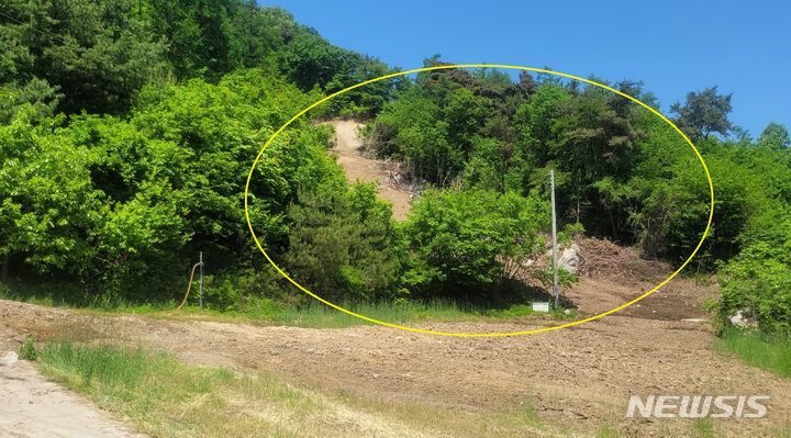 장수군 장수읍 용계리 일원의 한 야산 불법산지전용 현장, 일시산지전용허가 구역 외 지점인 이곳에서 불법소나무 굴취로 인한 대규모 산림훼손이 발생했다. 길가에서 바라본 현장의 모습(노란색 원 안)으로만 봐도 평균경사도가 높아 일반적인 산진전용이 불가능한 곳임 쉽게 알 수 있다. *재판매 및 DB 금지