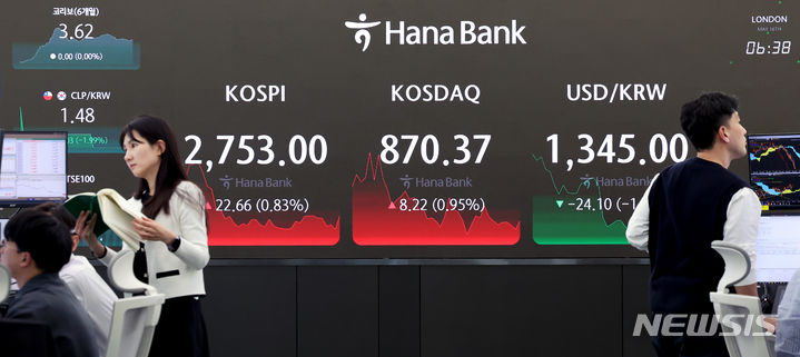 [서울=뉴시스] 김진아 기자 = 16일 서울 중구 하나은행 딜링룸에서 딜러들이 업무를 보고 있다. 2024.05.16. bluesoda@newsis.com