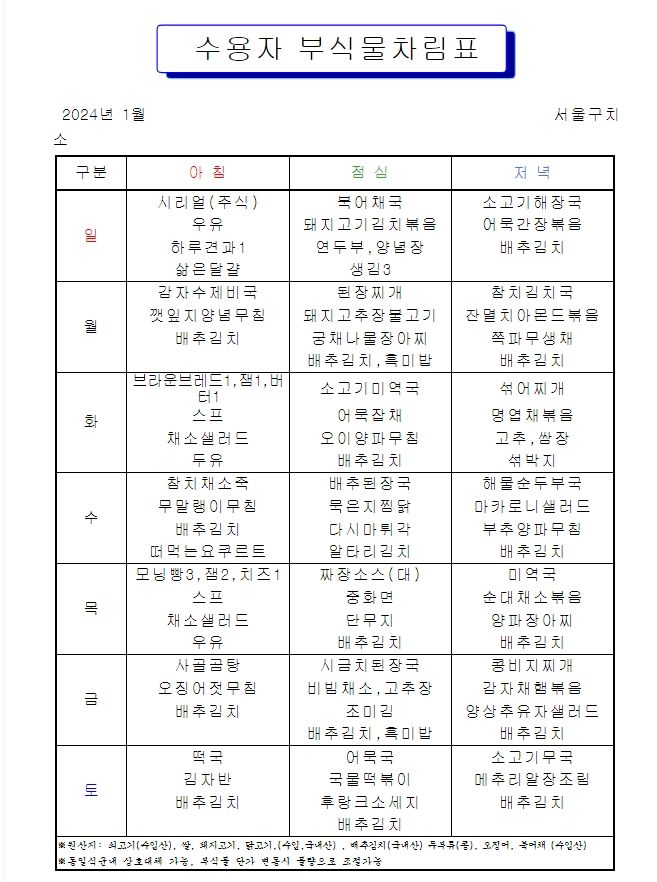 [서울=뉴시스] 서울구치소가 공개한 24년도 1월 부식물 차림표. (사진=법무부 교정본부 웹사이트) *재판매 및 DB 금지