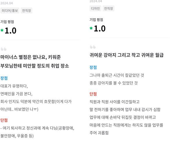[서울=뉴시스]한 채용 정보앱에 '개통령'으로 불리는 강형욱 훈련사가 운영하는 회사에 대한 부정적인 리뷰가 온라인 커뮤니티에서 확산하며 논란이 일고 있다. (사진=잡플래닛 캡처) *재판매 및 DB 금지