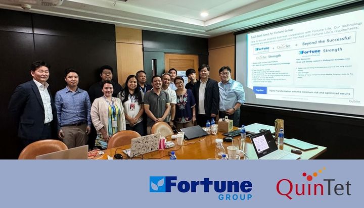 퀸텟시스템즈는 필리핀 포춘그룹에 로우코드 개발 플랫폼 ‘CALS’ 공급 계약을 체결하고 그룹 내 IT 담당자들을 대상으로 전문 교육을 진행했다. 박성용 퀸텟시스템즈 대표(오른쪽두번째) 등이 기념촬영 하고 있다(사진=퀸텟시스템즈 제공) *재판매 및 DB 금지