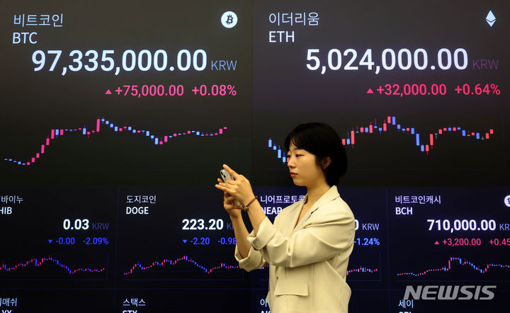 [서울=뉴시스] 김명년 기자 =  21일 이더리움이 현물 상장지수펀드(ETF) 승인 가능성이 커지며 가격이 상승하면서 동시에 비트코인 가격도 5%이상 올랐다.이날 오전 서울 강남구 업비트 고객센터 전광판에 비트코인과 이더리움 가격이 표시되고 있다. 2024.05.21. kmn@newsis.com