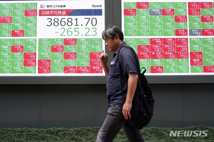 [도쿄=AP/뉴시스]일본 도쿄 한 증권 회사의 닛케이225지수를 보여주는 주식시황판. 2024.07.02. 