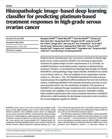 Histopathologic image–based deep learning classifier for predicting platinum-based treatment responses in high-grade serous ovarian cancer 네이처커뮤니케이션즈 논문 첫페이지. (사진=제이엘케이 제공) *재판매 및 DB 금지