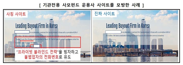 [서울=뉴시스] 기관전용 사모펀드 운용사 사이트를 모방한 사례. (사진=금융감독원 제공) 2024.05.22. photo@newsis.com *재판매 및 DB 금지