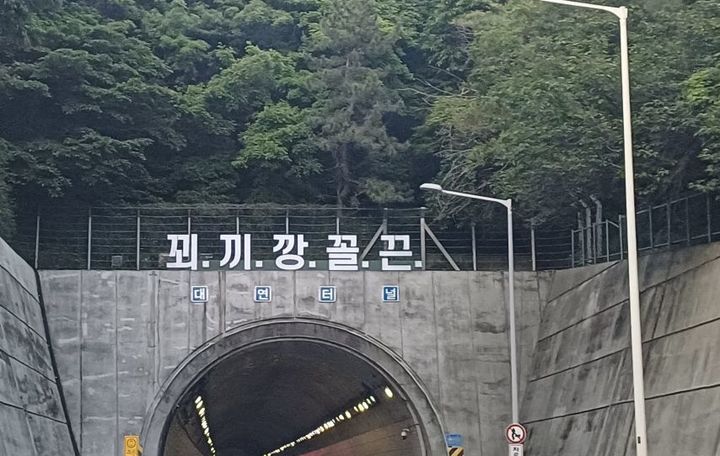 [서울=뉴시스] 부산 도시고속도로 대연터널 위에 '꾀끼깡꼴끈'이란 문구가 등장했다. (출처=온라인 커뮤니티) *재판매 및 DB 금지