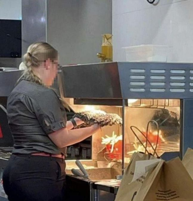 지난달 4일 호주 브리즈번 교외에 있는 한 맥도날드 매장에서 직원이 감자튀김 보온기 열선 램프에 대걸레를 말리고 있다. (출처=페이스북) *재판매 및 DB 금지