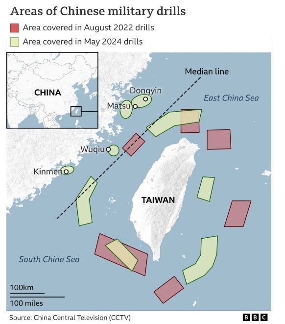 중국 인민해방군이 23일부터 이틀간 실시하는 '대만 포위' 작전의 범위. 2022년에 비해 2024년(연두색)은 대륙에 근접한 4개 섬에 대한 훈련이 추가돼 차이가 있다. 2024.05.24(BBC 방송 인터넷 홈페이지 캡쳐). *재판매 및 DB 금지