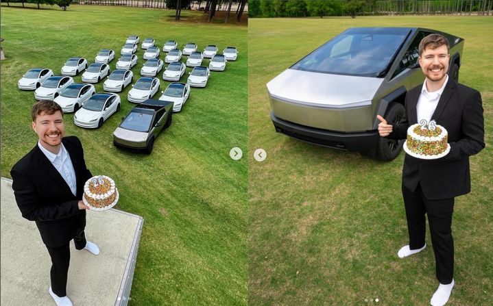 [서울=뉴시스]2억6000만명이 넘는 구독자를 보유한 '미스터비스트'는 최근 26번째 자신의 생일을 맞아 테슬라 차량을 선물하는 이벤트를 진행했다. (사진=미스터비스트 인스타그램 캡처 갈무리) 2024.05.25. photo@newsis.com *재판매 및 DB 금지