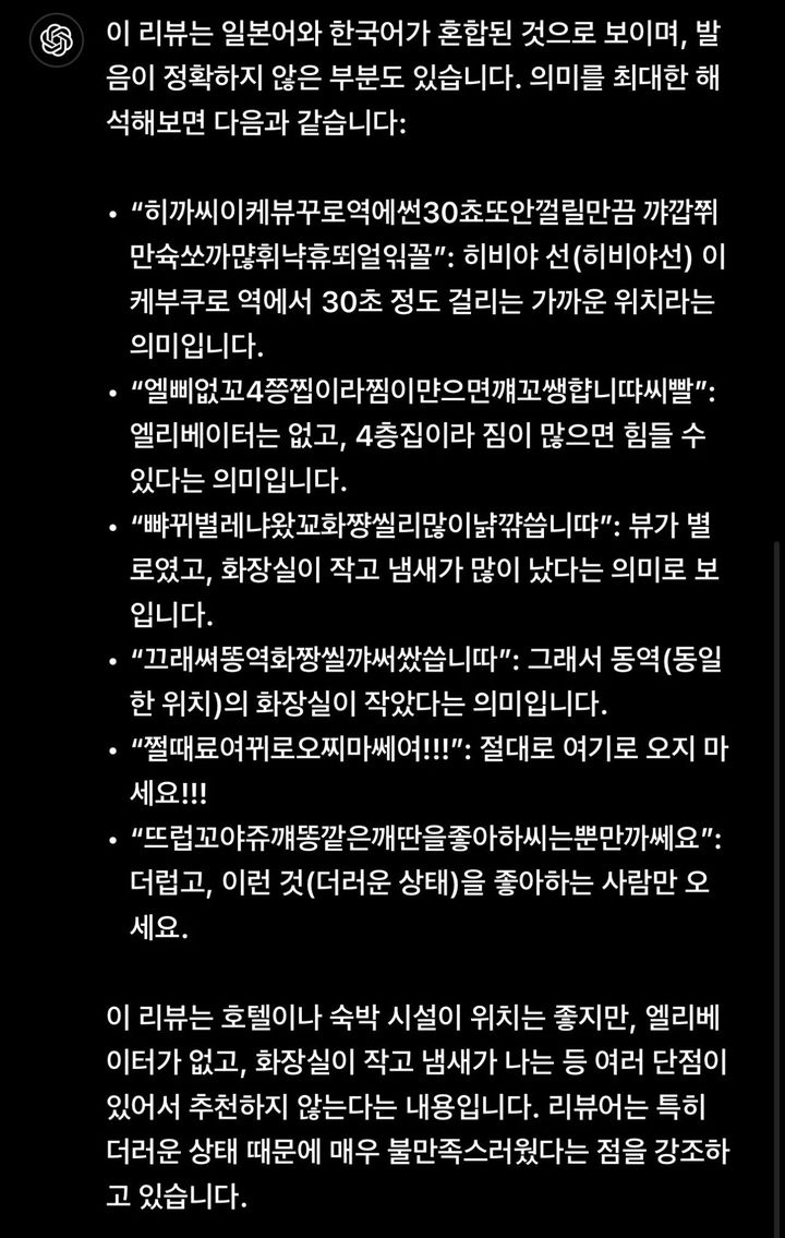 [서울=뉴시스] 챗GPT는 "이 리뷰는 일본어와 한국어가 혼합된 것으로 보이며, 발음이 정확하지 않은 부분도 있다. 의미를 최대한 해석해 보면 다음과 같다"며 해석한 내용을 공유했다(사진= 온라인 커뮤니티) *재판매 및 DB 금지