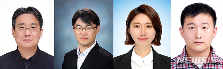 [광주=뉴시스] 왼쪽부터 오창명 의생명공학과 교수, 윤명한 신소재공학부 교수, 정우주 학생, 왕성록 학생. (사진=광주과학기술원 제공) 2024.05.30. photo@newsis.com