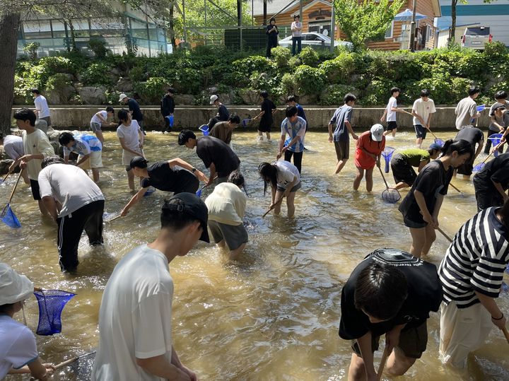 양양 해담마을에서 학생들이 물고기 잡기 체험활동을 하고 있다. 양양군 제공 *재판매 및 DB 금지