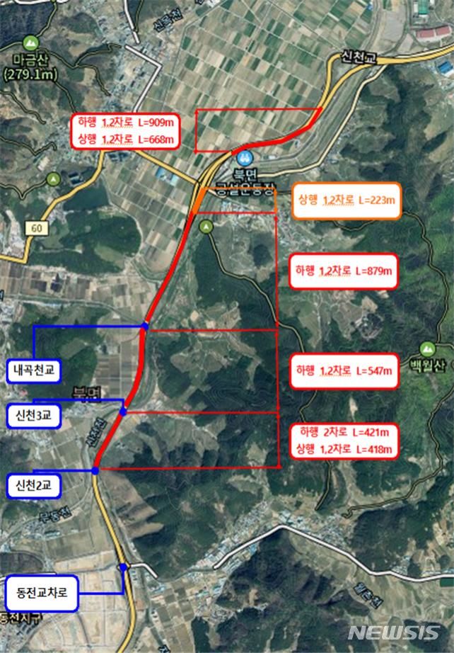 [창원=뉴시스]국도79호선 창원 북면 정렬대로 포장도 보수 2공구(신천2교~월계교차로) 위치도. 