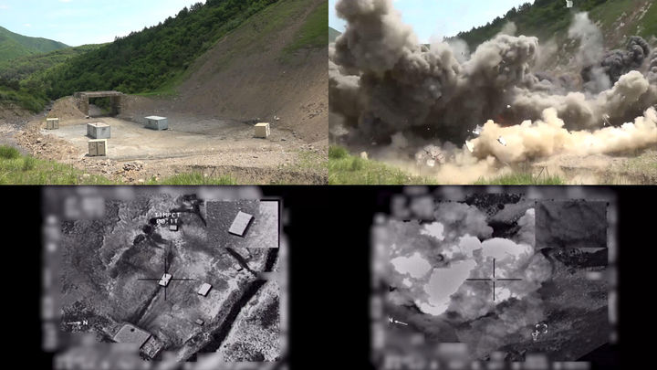 [서울=뉴시스] 최동준 기자 = 미 공군 B-1B 전략폭격기와 우리 공군 F-15K가 5일 한반도 상공에서 한미 연합공중훈련을 실시했다. 사진은 국방부가 공개한 실탄 투하 훈련 명중 장면. (사진=국방부 제공 영상 캡쳐) 2024.06.05. photo@newsis.com *재판매 및 DB 금지