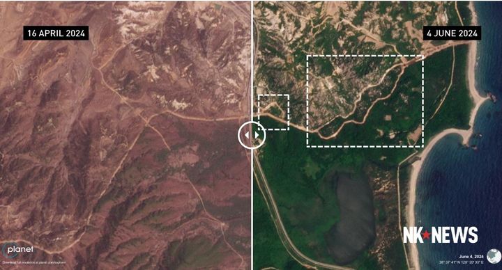'플래닛 랩' 위성이 4월과 6월 찍은 동해안 휴전선 일부 구간의 위성사진. 북한 전문 매체 NK뉴스는 "일부 DMZ를 포함한 2.8km 구간에서 '비우기' 작업이 진행되고 있다"고 5일 보도했다.(사진출처 NK뉴스 캡처). 2024.06.07.   *재판매 및 DB 금지