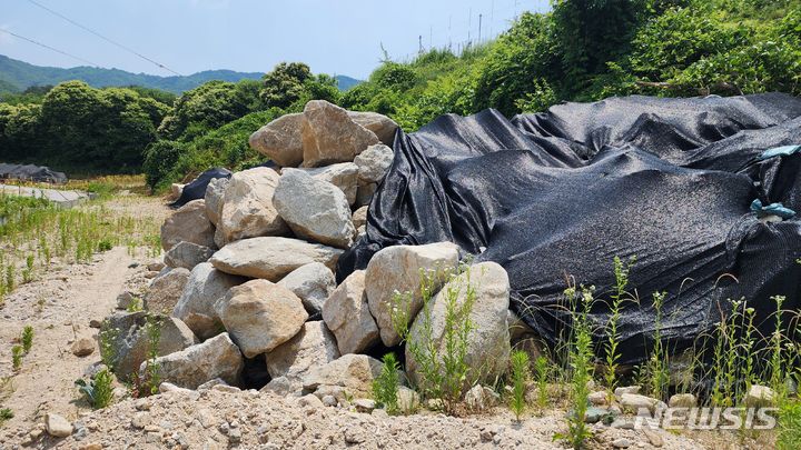 [예천=뉴시스] 김진호 기자 = 경북 예천군 감천면 벌방리에 지난해 7월 집중호우 때 산에서 굴러온 바위들이 쌓여 있다. 2024.06.12  kjh9326@newsis.com 