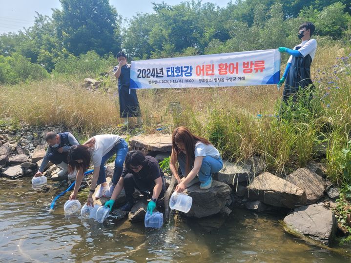 [울산=뉴시스] 울산 울주군 태화강생태관은 12일 범서읍 구영교 일대에 태화강 회귀어류인 어린황어 6만5000 마리를 방류했다고 밝혔다. 2024.06.12. (사진= 태화강생태관 제공)photo@newsis.com *재판매 및 DB 금지