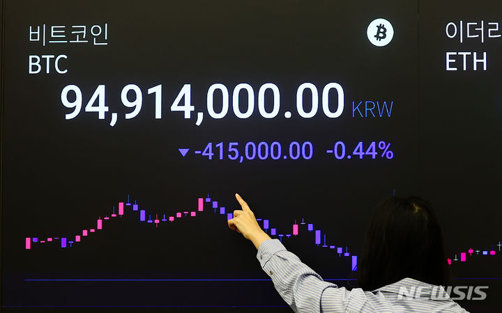 [서울=뉴시스] 김근수 기자 = 비트코인이 미국 6월 미국 연방공개시장위원회(FOMC) 결과 발표를 앞두고 가격이 하락하는 가운데 12일 오전 서울 강남구 업비트 고객센터에서 직원이 비트코인 시세를 확인하고 있다. 2024.06.12. ks@newsis.com