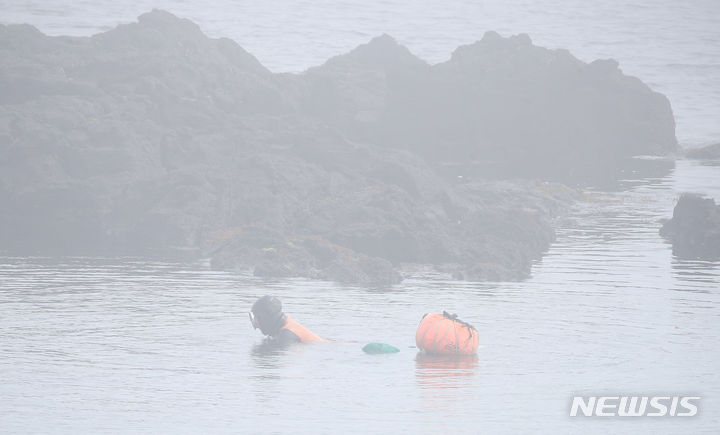 [제주=뉴시스] 우장호 기자 = 제주 해안가를 중심으로 짙은 안개가 드리워진 12일 오전 제주시 용담동 인근 해상에서 해녀가 물질을 하고 있다. 2024.06.12. woo1223@newsis.com