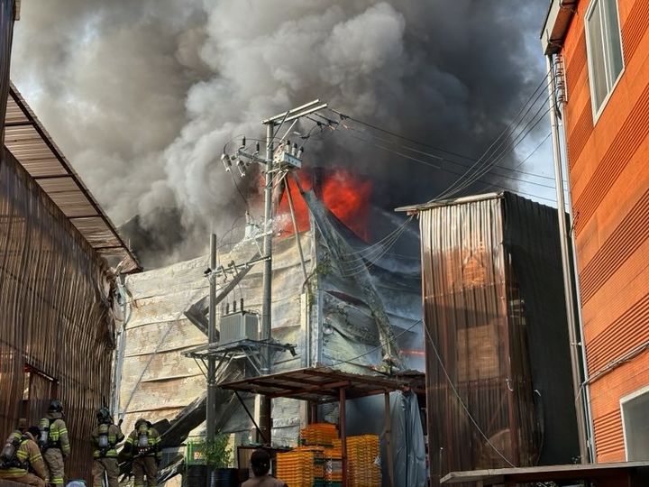 [강기 광주=뉴시스] 17일 오전 6시28분께 경기 광주시 초월읍의 한 견과류 식품 제조 공장에 불이 났다. ( 사진=경기도소방재난본부 제공) 2024.06.17. photo@newsis.com *재판매 및 DB 금지