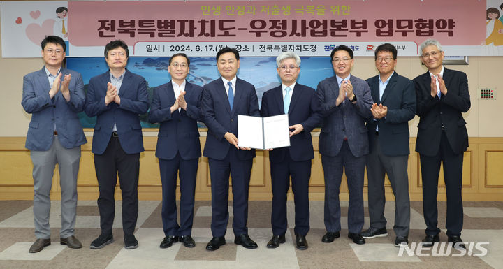 [전주=뉴시스] 17일 전북도청 회의실에서 김관영 전북지사와 조해근 우정사업본부장 등이 참석한 가운데 도민의 복지 증진과 생활 안정을 도모하고, 출산 장려 및 안정적인 영농활동 지원 등을 통해 도민의 삶의 질을 향상시키는데 협력하자는 업무협약을 체결 기념촬영을 하고 있다. 2024.06.17 *재판매 및 DB 금지