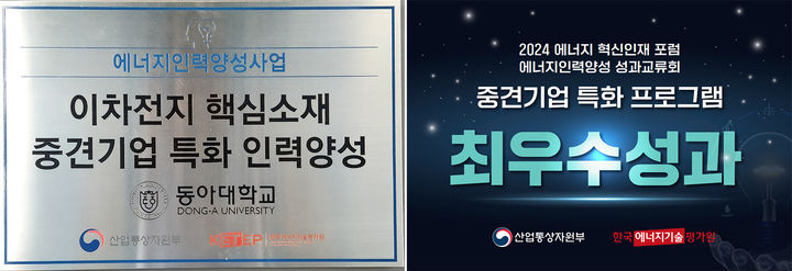 [부산=뉴시스] 동아대학교는 이차전지 핵심소재 중견기업 특화 인력양성사업단이 '2024년 에너지혁신인재 포럼' 에너지 인력양성 성과교류회에서 중견기업 특화 프로그램 분야 최우수 성과상을 수상했다고 18일 밝혔다. (사진=동아대 제공) *재판매 및 DB 금지