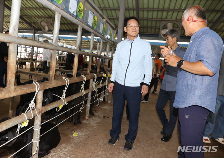 [강진=뉴시스]강진원 강진군수가 17일 염소전자경매시장 첫 개장식에 참석, 농가들과 의견을 나누고 있다.