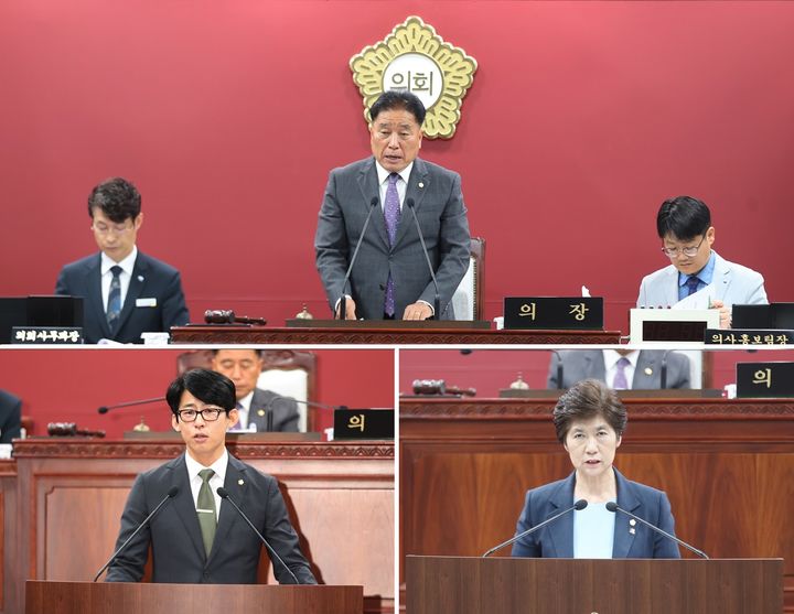 18일 열린 고창군의회의 제307회 정례회 제1차 본회의, 임정호 의장(위)과 군정질문 중인 임종훈 의원(아래 왼쪽) 및 이선덕 의원(아래 오른쪽). *재판매 및 DB 금지