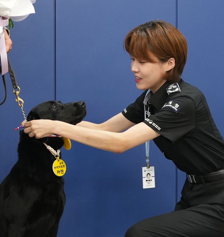 [서울=뉴시스] 지난 18일 인천공항세관 홍보대사로 위촉된 개그우먼 장도연씨가 탐지견 카렌에게 마약탐지왕 메달을 수여하고 있다. 2024.06.19. (사진=인천공항본부세관 제공) photo@newsis.com *재판매 및 DB 금지