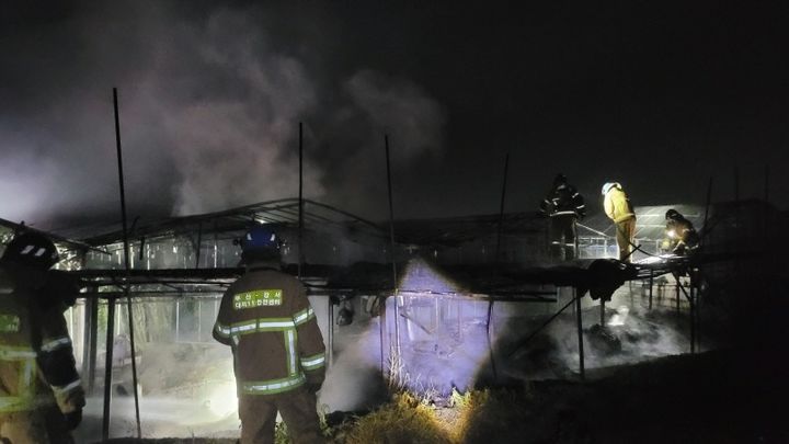 [부산=뉴시스] 20일 오전 부산 강서구의 한 비닐하우스 뒷면에 설치된 배수펌프 차단기에서 불이 났다. (사진=부산소방재난본부 제공) 2024.06.20. photo@newsis.com *재판매 및 DB 금지