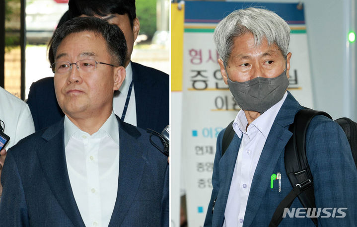 [서울=뉴시스] 고범준 기자 = 검찰이 지난 대선 과정에서 허위 인터뷰를 통해 윤석열 대통령의 명예를 훼손한 혐의 등으로 재판에 넘겨진 화천대유자산관리 대주주 김만배씨 등의 재판에서 공소장 변경 허가 신청을 했다. 사진은 김만배(왼쪽) 씨와 전 언론노조위원장 신학림 씨가 지난 6월20일 오전 서울 서초구 서울중앙지법에서 열린 구속전 피의자 심문(영장실질심사)을 받기 위해 법정으로 들어가고 있는 모습. 2024.06.20. bjko@newsis.com