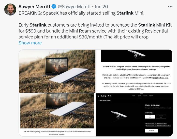 [서울=뉴시스] 미국 전기차 기업 테슬라의 최고경영자(CEO)인 일론 머스크가 이끄는 우주기업 '스페이스X'가 가방에 넣어 다닐 수 있는 크기로 소형 크기의 위성 인터넷 단말기를 내놓았다. 이와 관련해 머스크는 "이 제품이 세상을 바꿀 것"이라고 밝혔다. (사진=X 캡쳐) 2024.06.21. photo@newsis.com *재판매 및 DB 금지