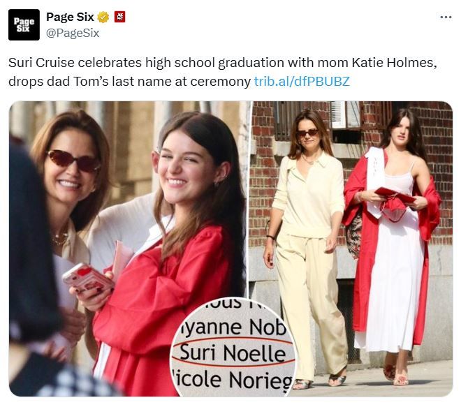 [서울=뉴시스] 23일(현지시각) 미국 연예매체 페이지식스에 따르면 전날 뉴욕 라가디아 예술고등학교에서 열린 수리의 졸업식 안내 책자에는 수리의 이름이 ‘수리 크루즈’가 아닌 ‘수리 노엘’로 적혀 있었다. (사진= 엑스 캡처) *재판매 및 DB 금지