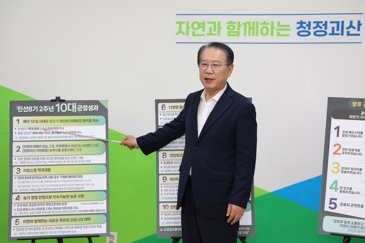 [괴산=뉴시스] 연종영 기자 = 송인헌 충북 괴산군수가 24일 오전 괴산군청 브리핑룸에서 민선8기 2주년 군정 성과를 설명하고 있다. 역대 최대 규모의 예산 확보로 미래 성장동력을 마련한 것을 첫 번째 성과로 꼽았다. (사진=괴산군 제공) 2024.06.24. photo.newsis.com *재판매 및 DB 금지