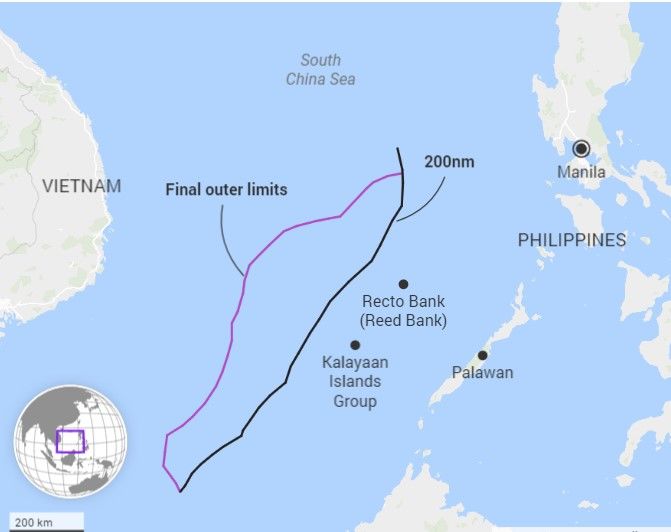 필리핀이 주장하는 남중국해의 대륙붕 한계(왼쪽 보라색선). 오른쪽 검은선은 200해리 배타적경제수역(EEZ) 경계선. (사진출처 SCMP 캡처) 2024.06.24. *재판매 및 DB 금지