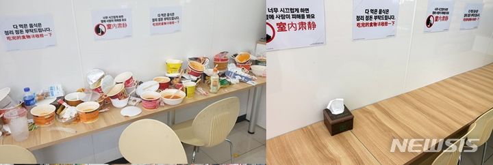 [제주=뉴시스] 오영재 기자 = 지난 16일 온라인커뮤니티에 중국인들의 제주 편의점 쓰레기 투기 논란 글이 올라와 논란이 일었다. (오른쪽)사진은 24일 오전 찾은 해당 편의점 내부. 2024.06.24. oyj4343@newsis.com&nbsp; 