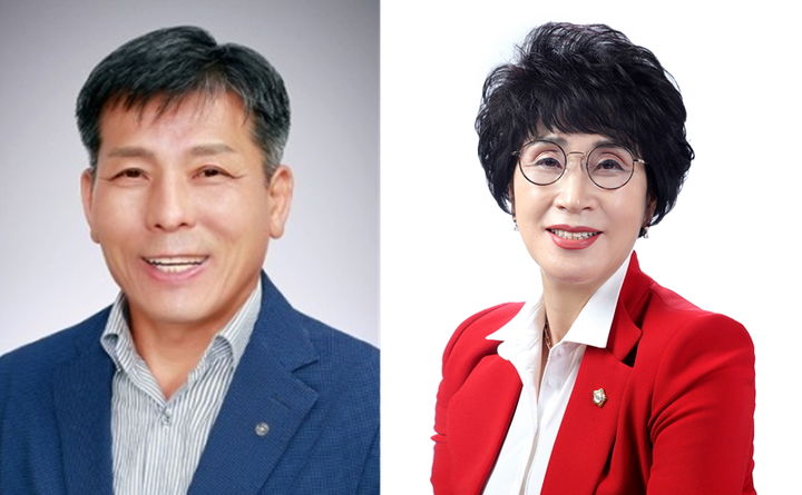 [대전=뉴시스] 제9대 부여군의회 후반기 의장과 부의장에 선출된 김영춘(국민의힘·나선거구), 박순화(〃·가선거구) 의원. (사진= 부여군의회 제공) *재판매 및 DB 금지