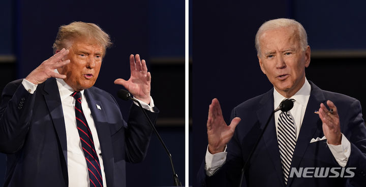 [클리블랜드=AP/뉴시스] 2020년 9월29일(현지시각) 미국 클리블랜드에서 열린 2020 미 대선 첫 TV 토론회에서 도널드 트럼프 공화당 후보(왼쪽)와 조 바이든 민주당 후보 모습. 2024.06.27.