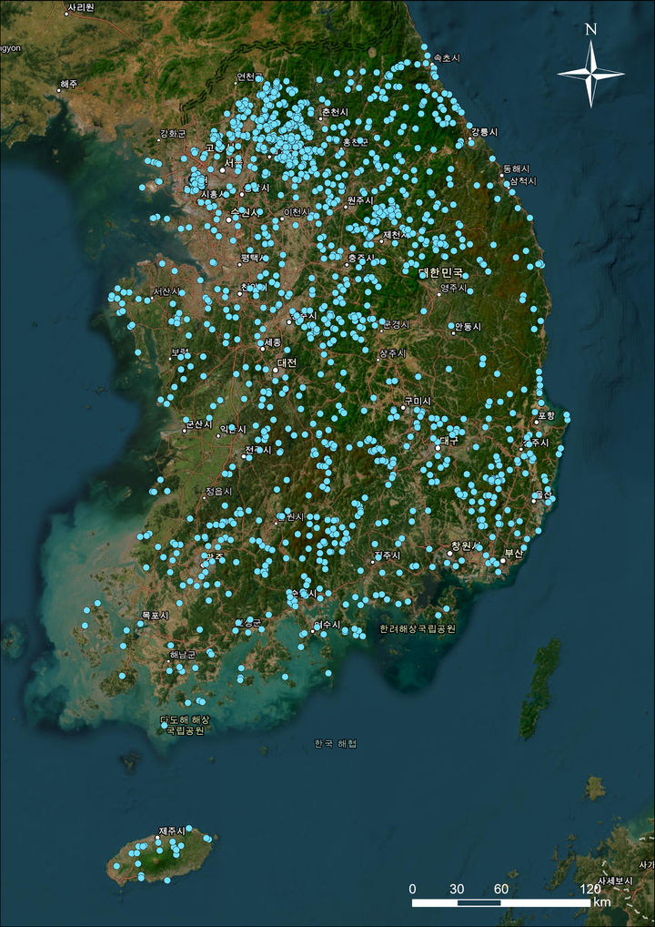 [진주=뉴시스]산지 계류 및 계곡에 인접한 산림복지 및 휴양시설 분포.(1225개소) *재판매 및 DB 금지