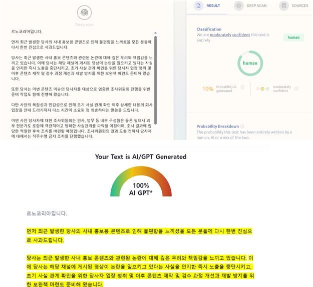 르노코리아 사과문을 AI 디텍터 프로그램으로 검사하자 각각 다른 결과가 나왔다. 2024.07.01. *재판매 및 DB 금지