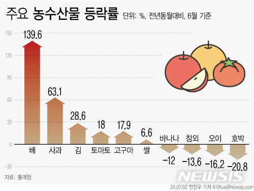 [서울=뉴시스] 2일 통계청에 따르면 지난달 소비자물가 상승률이 2.4%로 11개월 만에 최저 상승폭을 기록하며 3개월 연속 2%대를 이어갔다. 하지만 배 가격이 139.6% 상승하면서 역대 최대 상승률을 경신하는 등 과일류 물가 상승세가 지속됐고 김 가격도 28.6% 상승하며 38년 6개월 만에 최고 상승폭을 기록했다. (그래픽=전진우 기자) 618tue@newsis.com